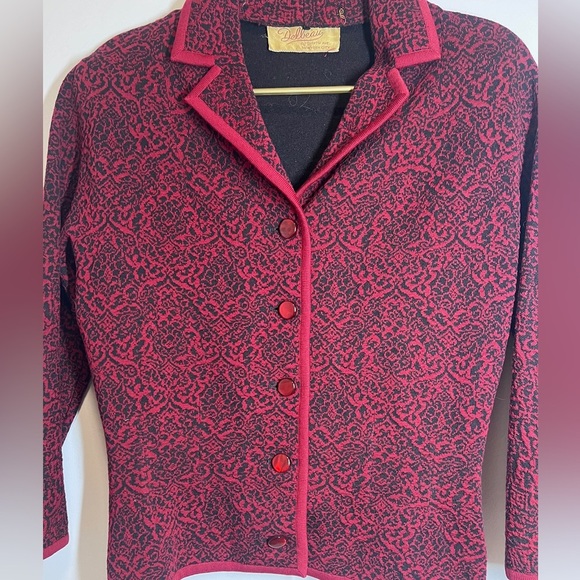 Delbau Vintage Suit Set Skirt Blazer Wool Red Black - Picture 4 of 12